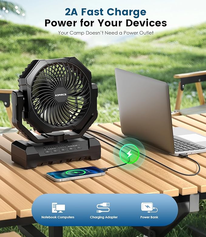Portable Fan Rechargeable, 60H Long-Lasting Battery Powered Fan - 4 Speeds, 3 Light, Timer, Sleep Mode, Hook, Fans for Camping Gear, Travel Essentials, Tent, RV, Outdoors, Garage, Emergency