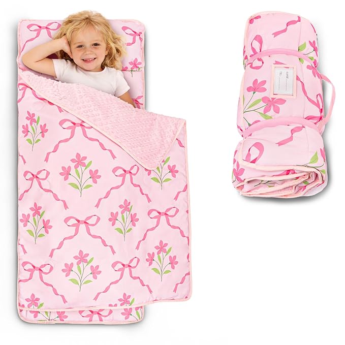 Toddler Nap Mat with Pillow and Minky Blanket, Large 55"x35" Sleeping Bag, Washable, Lightweight, Easy to Roll, Perfect for Preschool, Daycare, Kindergarten, Travel, Boys and Girls-Bow