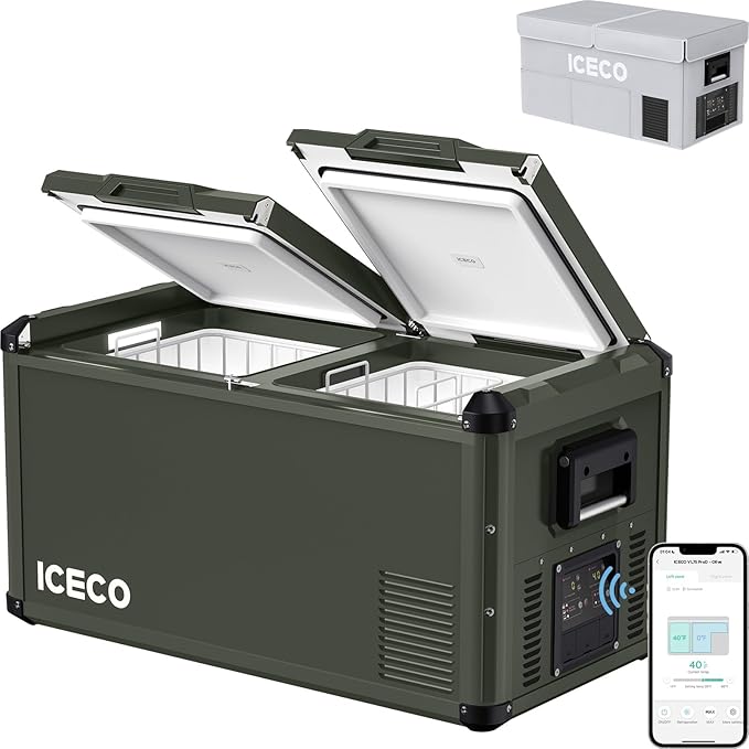 ICECO VL75ProD 79Qt/75L Portable Refrigerator, 12v Dual Zone Fridge Freezer with SECOP, APP Control & Multi-directional Lid 12V Portable Freezer, 0-50°F, Car Fridge portable AC/DC For Car| With Cover