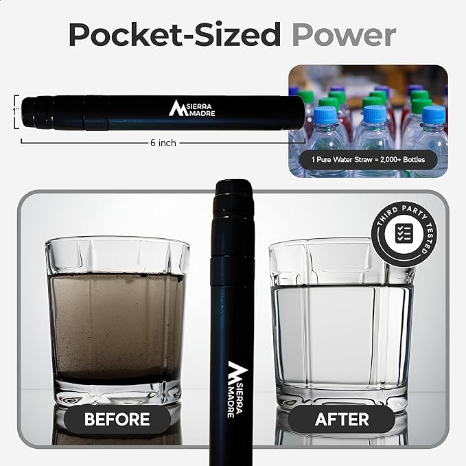 Sierra Madre Portable Water Filter Straw – 264 Gallon Water Filtration for Backpacking, Camping, Hiking, Travel - Ideal for Outdoor Emergency Hydration & Supplies - Portable & Lightweight (Pack 1)