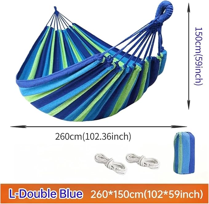 Canvas Single Hammock Thick Durable Striped Indoor Courtyard Camping Swing Chair Hammocks Home Outdoor Furniture(Blue-L-260X150CM)