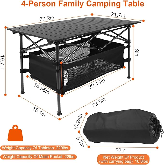Folding Camping Table, Portable Aluminum Roll-up Lightweight Picnic Table with Large Storage Basket and Carrying Bag for Camping, Picnic, BBQ, Beach, Party, Backyard