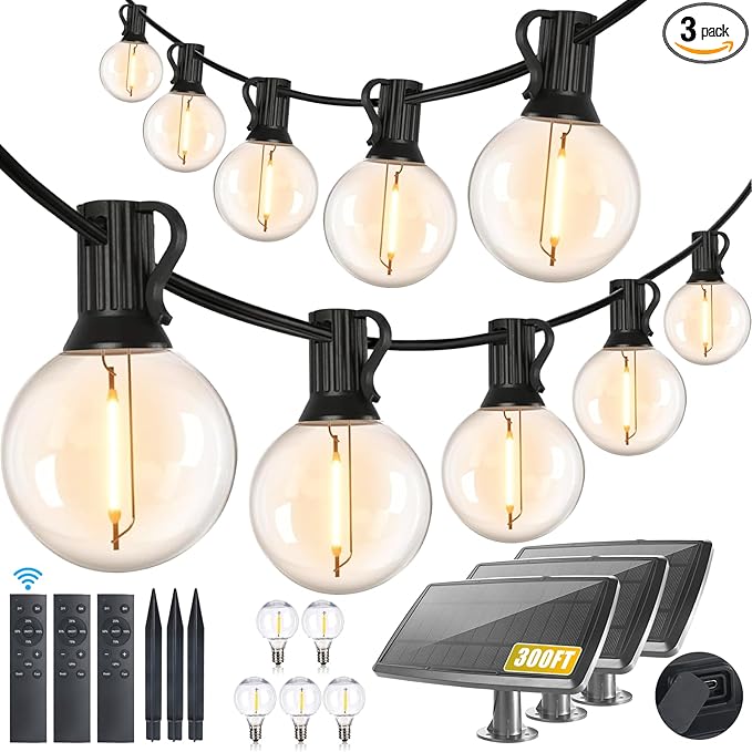 300FT Solar String Lights Outdoor Waterproof with Remote,G40 Solar Powered String Lights with 60+3 LED Shatterproof Bulbs, Dimmable Solar Patio Hanging Lights for Outside Backyard Party