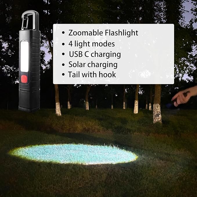 4 Pack Solar Flashlight, Rechargeable Zoomable LED Flashlight, High Lumens Solar Powered Flashlights with Tail Hook Rechargeable Handheld Flashlights for Home Emergency Camping Hiking