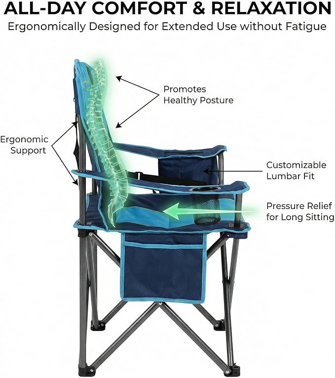 FAIR WIND Heavy Duty Camping Chair, Oversized Padded Folding Chair for Big and Tall (450lbs), Extra Wide Seat with Integrated Cooler & Storage Pocket, Adjustable Lumbar Support for Outdoor