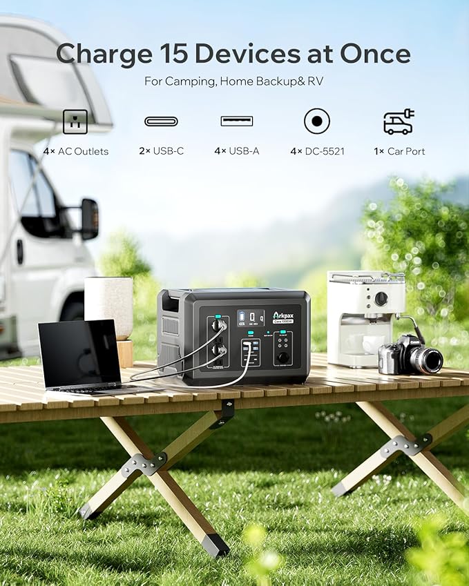 Core 1200W Power Station + 200W Solar Panel – 1024Wh LiFePO4, 1200W/2400W Peak, 1.5H Fast Charge, IP65 12-Fold Panel for Home Backup, Camping, RV, Off-Grid