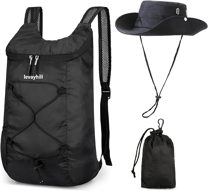 16L Foldable Backpack & Bucket Hat 2 In 1 Combo, Lightweight packable Travel Set, Compact Daypack with Sun Hat (Black)