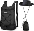 16L Foldable Backpack & Bucket Hat 2 In 1 Combo, Lightweight packable Travel Set, Compact Daypack with Sun Hat (Black)