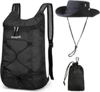 16L Foldable Backpack & Bucket Hat 2 In 1 Combo, Lightweight packable Travel Set, Compact Daypack with Sun Hat (Black)