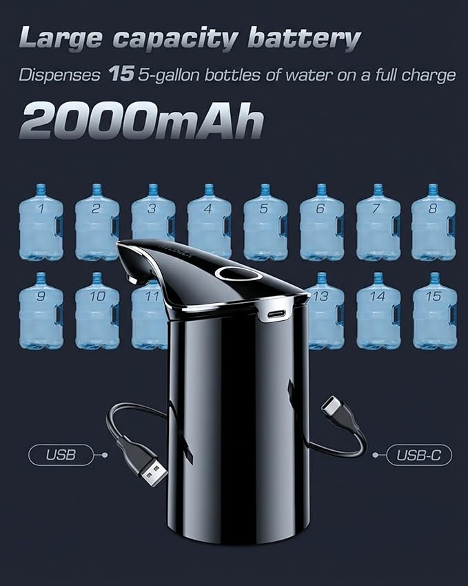 Rechargeable Water Dispenser Pump for 5 Gallon Bottle, Electric USB-C Large Flow Water Jug Dispenser, Portable Automatic Submersible Bottle Pump Silent Operation for Camping Home Office
