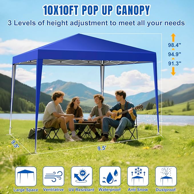 Yesker 10x10 Pop Up Canopy Tent UPF 50+ Waterproof Outdoor Canopy Portable Folding Easy Setup Gazebo Adjustable Height Instant Sun Shade Tent with Wheeled Bag for Events Parties Camping Patio, Blue