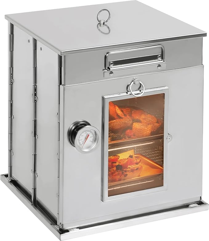 Lineslife Foldable Camping Oven with 2 Tier Grill, Portable 304 Stainless Steel Camping Stove with Thermometer for Use with Propane Stove and Wood Camping Stoves, Outdoor Cooking, Picnic