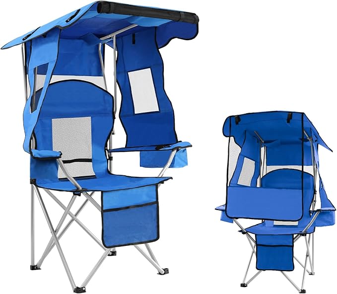 ptlsy Beach Chair with Canopy Shade Folding Camping Chair for Adults with Cup Holders, Cooler Bag for Camping, Fishing, Beach, Sports and Concert (Blue)