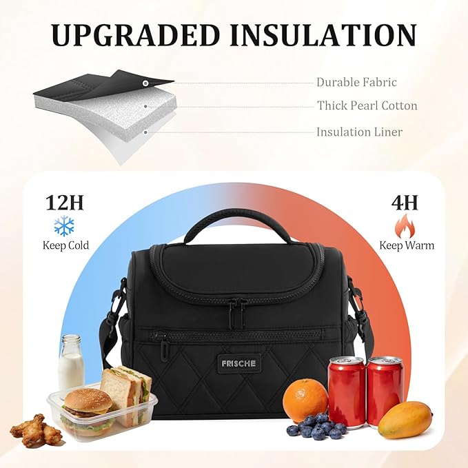 Lunch Bag for Women Soft,Reusable Lightweight Lunch Cooler with Straps,Leakproof Lunch Box for Work Picnic Camping Beach,Black