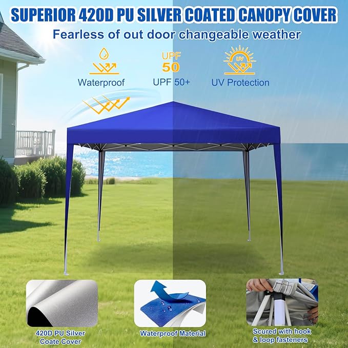 Yesker 10x10 Pop Up Canopy Tent UPF 50+ Waterproof Outdoor Canopy Portable Folding Easy Setup Gazebo Adjustable Height Instant Sun Shade Tent with Wheeled Bag for Events Parties Camping Patio, Blue
