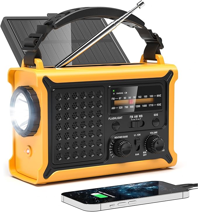 NOAA Weather Radio-12000mAh/44400mWh AM/FM Emergency Portable Radio with Solar Panel/Hand Crank/AC Input Rechargeable Battery and Flashlight SOS Siren Lamp for Indoor/Outdoor Emergencies