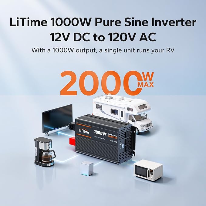 LiTime 1000W Pure Sine Wave Inverter 12V DC to 120V AC Converter for RV, Truck, Off-Grid Solar Car Power Inverter with 3 AC Outlets, 5V 2.4A USB, Type-C Port, Remote Controller, 2000W Peak