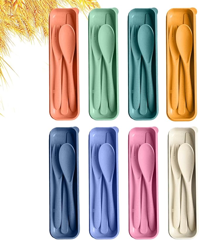 Travel Utensils Set with Case, 8 Sets Camping Utensils Reusable Wheat Straw Utensils Set With Case, Knife Spoon and Fork Set for Lunch Box