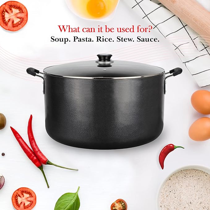 Alpine Cuisine 35 Quart Non-stick Stock Pot with Tempered Glass Lid and Carrying Handles, Multi-Purpose Cookware Aluminum Dutch Oven for Braising, Boiling, Stewing