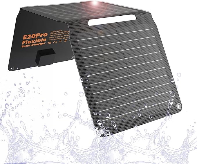 FlexSolar 20W Solar Panel Charger 5V USB-A USB-C Output Portable Foldable Small Power IP67 Waterproof Camping Backpacking Hiking Emergency for Phones Power Banks Flashlight Fans