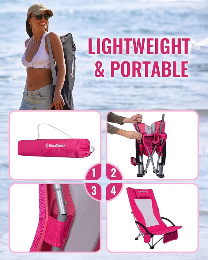 KingCamp Low Beach Chairs, Folding Portable Chair for Adults Lightweight Extra Wide Seat 300lbs Heavy Duty Oversized Backpack, Carry Bag for Camping