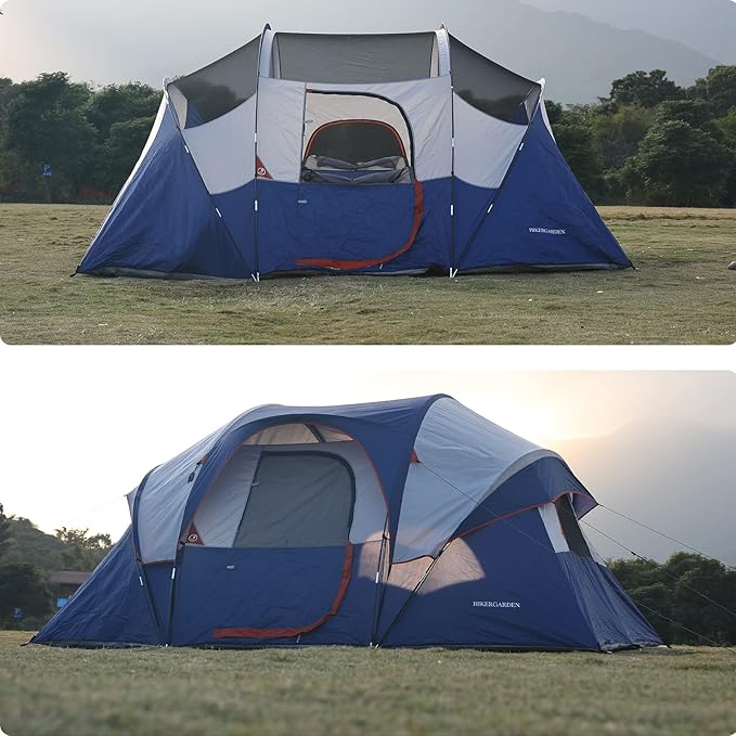 HIKERGARDEN 10 Person Camping Tent - Portable Easy Set Up Family Tent for Camp, Windproof Fabric Dome Tent Outdoor for Hiking, Backpacking, Traveling-14'x11'x74in(H)