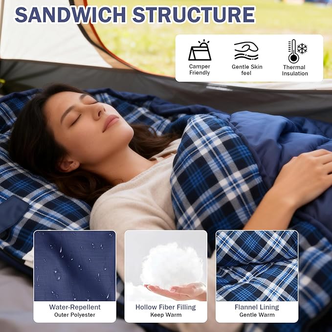 Double Sleeping Bag Cotton Flannel for Camping, Backpacking Or Hiking. Queen Size 2 Person Waterproof Sleeping Bag for Adults Or Teens. Lightweight with Compression Sack