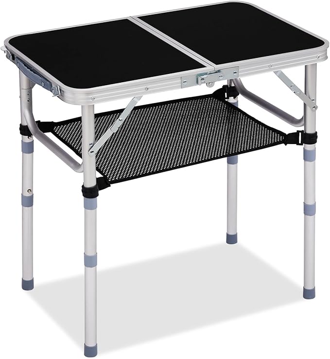 VINGLI Small Folding Table Portable 2FT Aluminum Foldable Camping Table for Picnic Card Table with 3 Adjustable Height & Carry Handle for Outdoor Indoor Hiking Camp BBQ Beach-Black