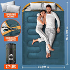 MEREZA Double Sleeping Bag for Adults Mens with Pillow, XL Queen Size Two Person Sleeping Bag for All Season Camping Hiking Backpacking 2 Person Sleeping Bags for Cold Weather & Warm