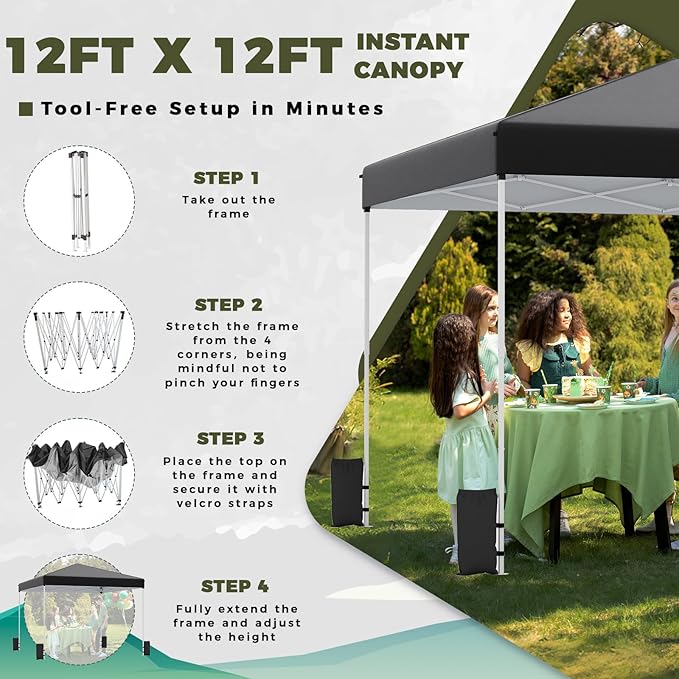 EROMMY 12x12 Pop Up Tent, Easy to Set Up Canopy Tent, Outdoor Canopy for Events, Camping, Parties with Wheeled Bag, 4 Ropes, 4 Sand Bags and 8 Spikes(Black)