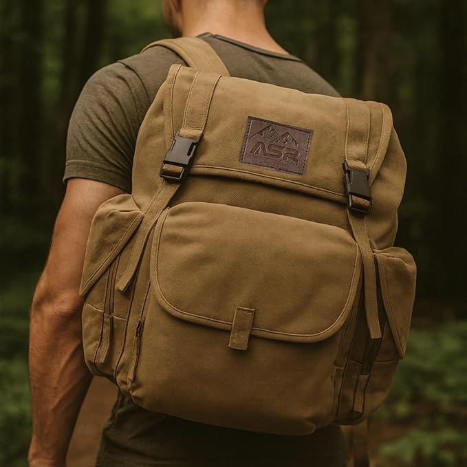 ASR Outdoor 30L Heavy Stitch Gold Panning Backpack Camping Canvas Rucksack, Khaki