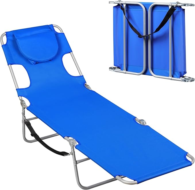 WLIVE Beach Lounge Chair for Adults, 4-Position Folding Tanning Chairs with Face Hole, 2 Legs Support Portable Outdoor Chair for Beach, Pool, Blue
