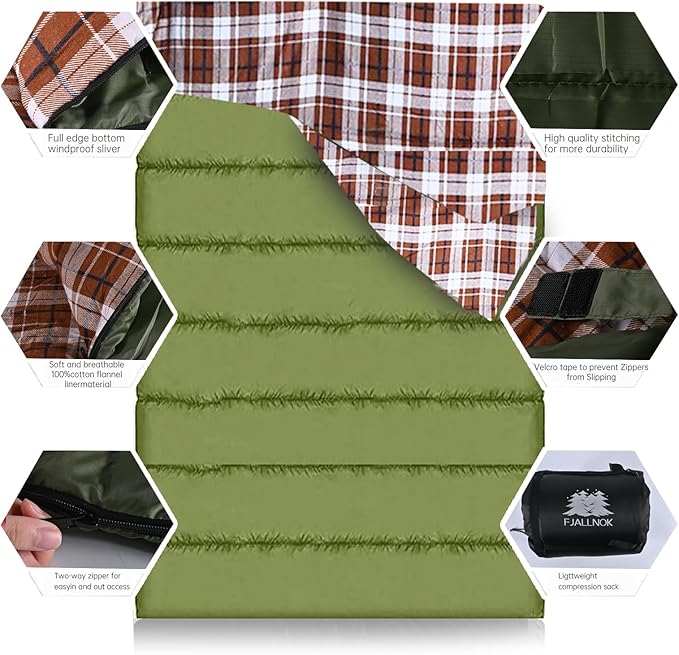 Double Sleeping Bag Cotton Flannel for Camping, Backpacking Or Hiking. Queen Size 2 Person Waterproof Sleeping Bag for Adults Or Teens. Lightweight with Compression Sack