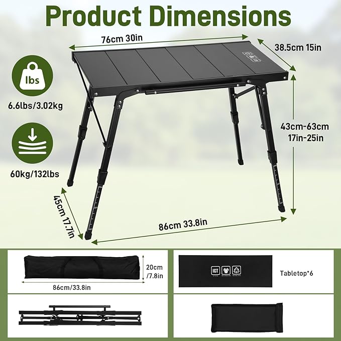 Folding IGT Camping Table, Portable Outdoor IGT Cooking Camping Tables, Ultra-Lightweight Aluminum Foldable Camping Table with Carry Bag for Car Camping, Picnics, RV Travel, and BBQ