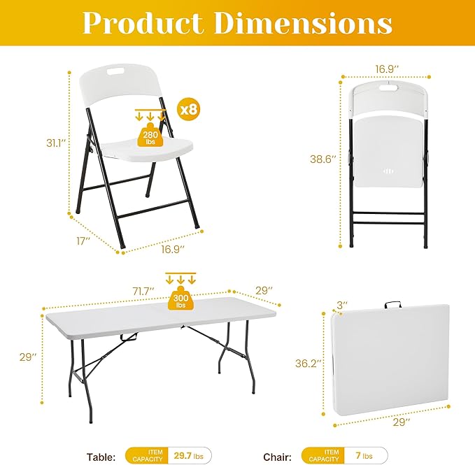 71.5" Foldable Outdoor Dining Set with 8 Fully assembled Dining Chairs for Easy Storage, Portable Patio Table and Chairs Set for Camping Picnic, Heavy Duty Patio Table Set for Garden Yard.