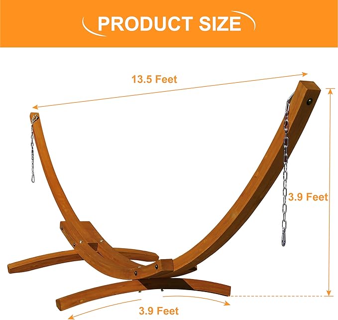 Lazy Daze Hammocks 13 FT Outdoor Arc Wood Hammock Stand, 2 Person Hard Pine Wood Hammock Stand with Carabiners and Chains for Indoor Outdoor Patio Garden Yard Poolside, 500lb Capacity, Brown