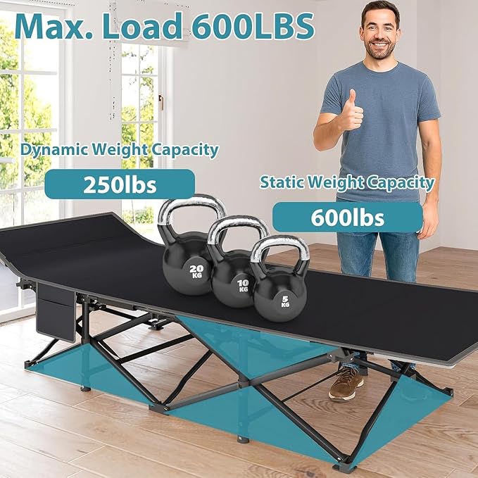 Folding Camping Cot for Adults - Heavy Duty Sleeping Cots with Carry Bag, Double Layer Oxford Portable Travel Camp Cots for Outdoor Camp Beach Home Office (Black Frame with Black Pad, 1PACK)