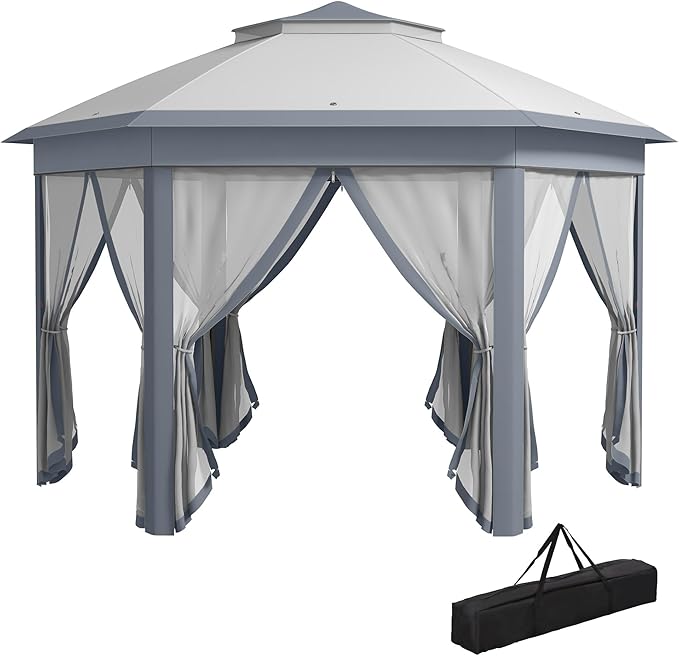 Outsunny 13' x 13' Pop Up Gazebo, Hexagonal Canopy Shelter with 6 Zippered Mesh Netting, Event Tent with Strong Steel Frame for Patio Backyard Garden Wedding Party, Gray