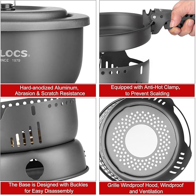 ALOCS Camping Cookware - 11 Piece Lightweight Camp Cooking Set with Portable Camping Stove & Gas Stove Burner - Durable Compact Camping Pot for Hiking Car Camping Vanlife RV