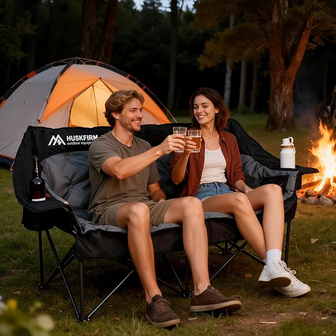 Double Camping Chair Oversized Padded Camping Chairs for Adults Folding Loveseat with Cup Holders and Side Pockets Heavy Duty Outdoor Lawn Chairs for Camping,Sports, Fishing,Beach,Black