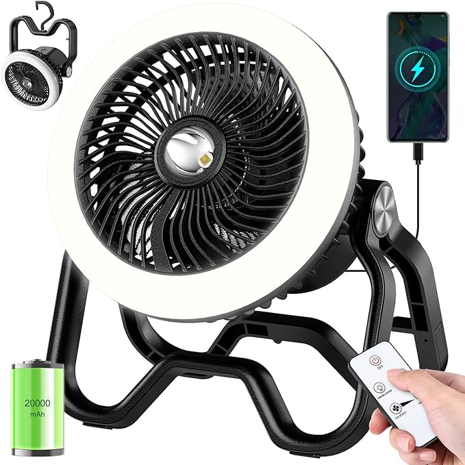 Camping Fan Rechargeable Camping Lantern-40Hrs,20000mAh Cordless Battery Operated Oscillating Fan Light with Remote,Hanging Hook and Magnetic Base, for Tents, Outdoor, RV, Outage（Black）