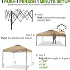 12'x12' Pop Up Canopy Tent with 1 Sidewall and 6 Pockets, One Push Setup, Instant Shade Tent with Vented Roof for Beach Patio Outdoor, Case, 8 Stakes, 4 Ropes, 4 Sandbags(Khaki, 12x12)