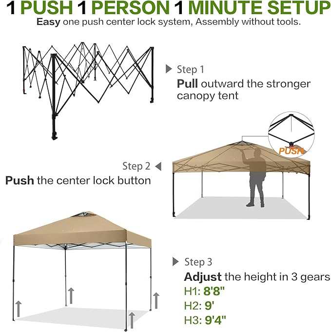 12'x12' Pop Up Canopy Tent with 1 Sidewall and 6 Pockets, One Push Setup, Instant Shade Tent with Vented Roof for Beach Patio Outdoor, Case, 8 Stakes, 4 Ropes, 4 Sandbags(Khaki, 12x12)