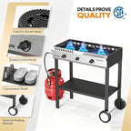 ROVSUN 3 Burner Propane Stove with Auto Ignition, 225,000 BTU Gas Stove with Storage Shelf, Rolling Wheels & Regulator for Home Outdoor Backyard Camping Cooking Frying Brewing Canning