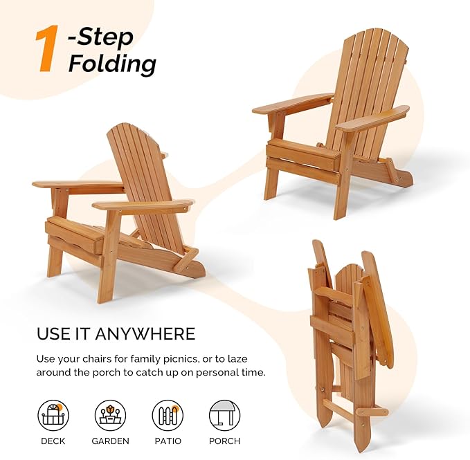 VINGLI Folding Adirondack Chairs Set of 4, Wood Adirondack Chair for Outdoor, Foldable Fire Pit Chairs for Patio, BBQ, Porch, Yard, Pool