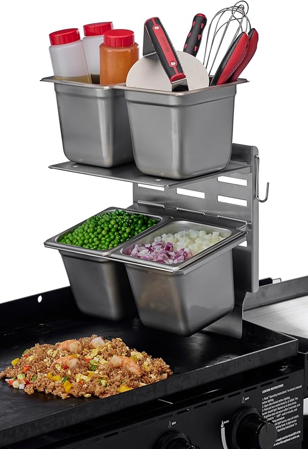 Chef Master Steam Pan Insert & Adjustable Griddle Shelf Set – Organizer & Condiment Holder for Utensils, Ingredients & BBQ Cooking - Grill Accessories for Outdoor Grill - 90260 & 90316