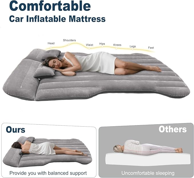 Car Air Mattress - Inflatable Camping Bed Compatible with Tesla Model Y, Thickened Flocked AirBed for Trunk/Backseat/Sedan/SUV/RV, Sleeping Pad with Pump and 2 Pillows for Camping Travel Outdoor Grey