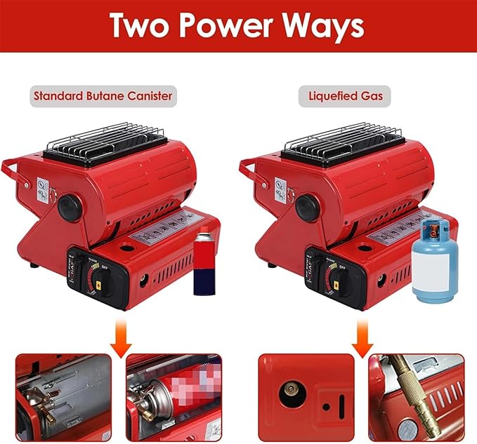 Upgraded 2 In 1 Portable Indoor Butane Heater & Stove with Self Ignition, Safe & Cordless Non Electric Heaters, Butane Emergency Heater for Power Outage, For Camping, Tents, Outdoor (Red)