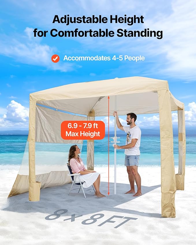 VEVOR Beach Cabana, 8 x 8 ft Beach Canopy with Side Wall, UPF 50+ Protection Easy Setup Cabana Tent with Sand Pockets, Adjustable Height Portable Shade Sun Shelter Umbrella for Family & Friends, Khaki