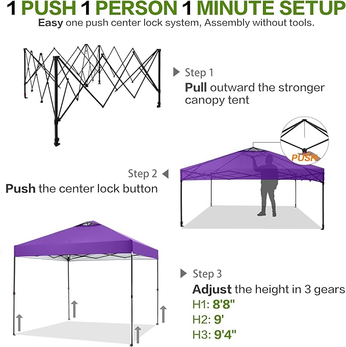 12'x12' Pop Up Canopy Tent with 1 Sidewall and 6 Pockets, One Push Setup, Case, 8 Stakes, 4 Ropes, 4 Sandbags (Purple, 12x12)